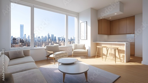 Stylish Modern One-Bedroom Condominium with City Views - Cozy Urban Living Space Featuring Light Wood Accents and Plush Furniture photo