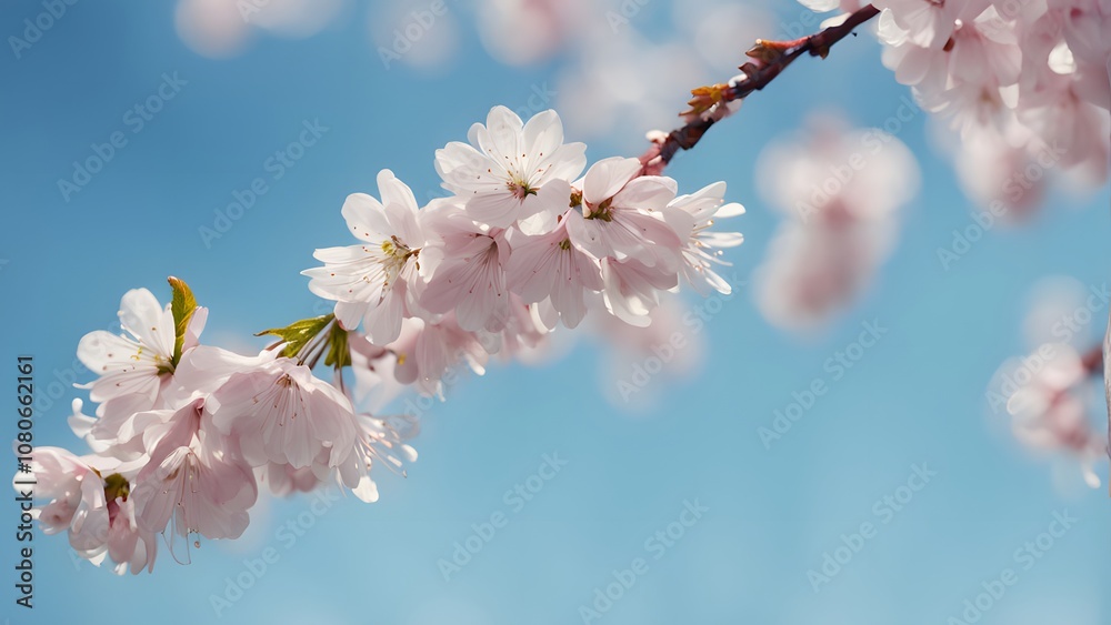 Soft elegant cherry blossoms falling gently against a blue sky, Ai Generated Soft elegant cherry blossoms falling gently against a blue sky, Ai Generated