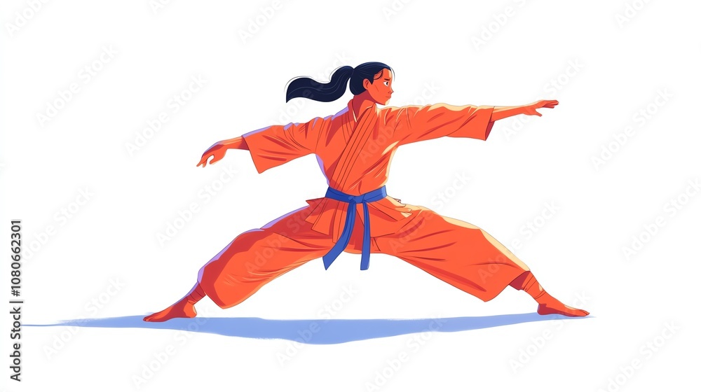 Fototapeta premium a 2D cartoon illustration of a person practicing martial arts, disciplined and skilled, white background--ar 16:9