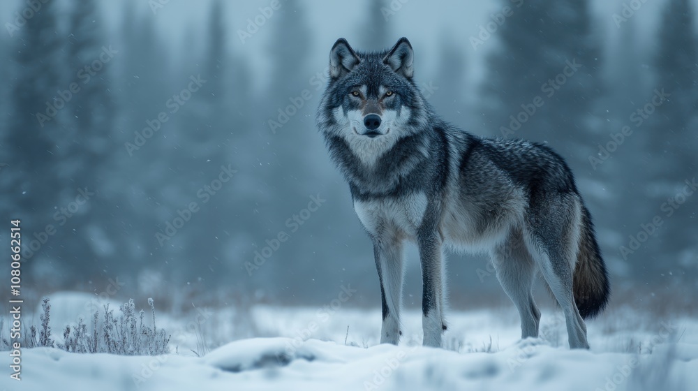 Majestic and fierce lone wolf standing in a tranquil snowy forest setting, perfectly capturing the essence of wilderness and raw natural beauty Majestic and fierce lone wolf standing in a tranquil snowy forest setting, perfectly capturing the essence of wilderness and raw natural beauty