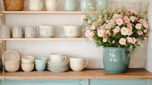 Charming and Quaint Kitchen Table Display Featuring Beautiful Floral Arrangement and Classic Dishware in Soft Pastels