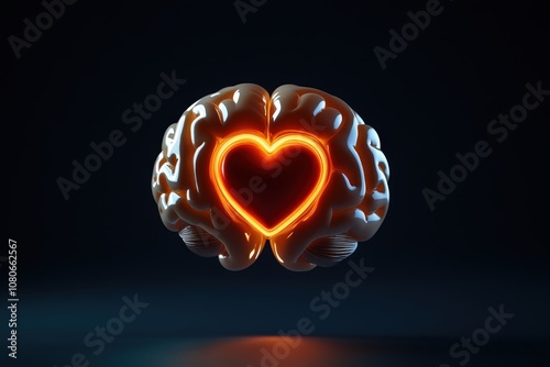 A creative 3D rendering of a brain split in half, revealing a glowing heart shape at its center, symbolizing the connection between intellect and emotion.