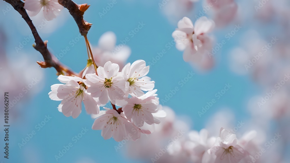 Soft elegant cherry blossoms falling gently against a blue sky, Ai Generated Soft elegant cherry blossoms falling gently against a blue sky, Ai Generated