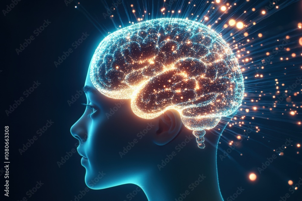 Obraz premium A glowing brain is depicted above a side-profile silhouette, symbolizing creativity and intelligence with radiant sparks connecting thoughts.