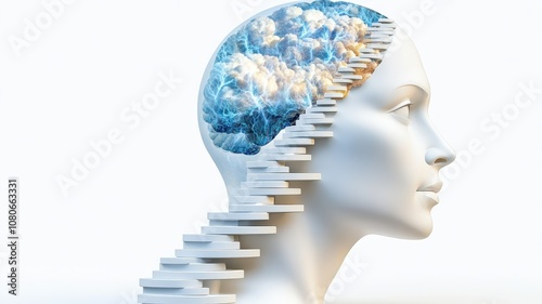 A surreal representation of a head with stairs leading to a cloudy sky, symbolizing thoughts, dreams, and the journey of the mind. photo