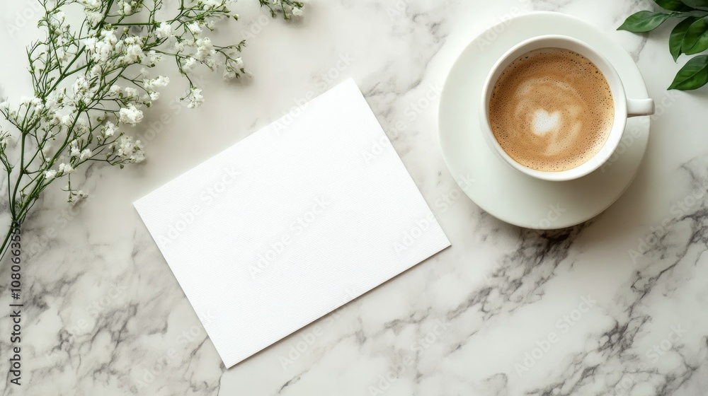 White greeting card on a marble surface with a cup of coffee, elegant desk, premium mockup