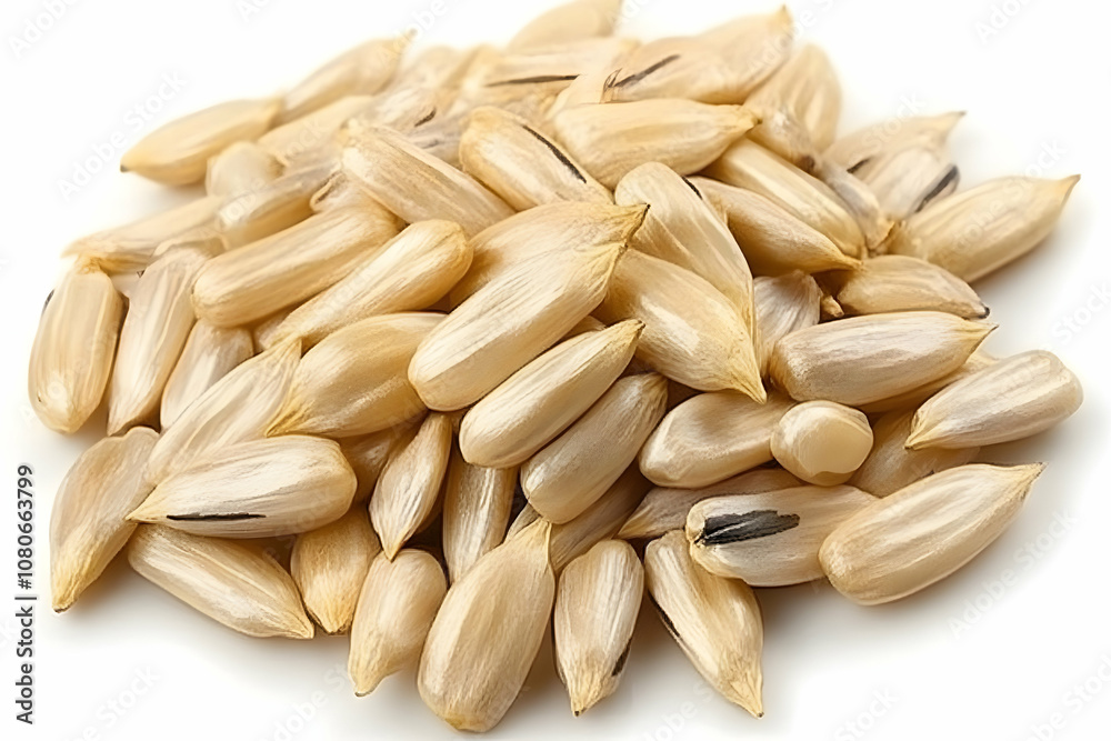Close-up of a pile of raw sunflower seeds on a white background. Close-up of a pile of raw sunflower seeds on a white background.