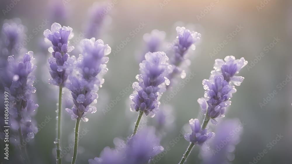 Naklejka premium Soft lavender flowers covered in morning dew with soft lighting, AI Generated