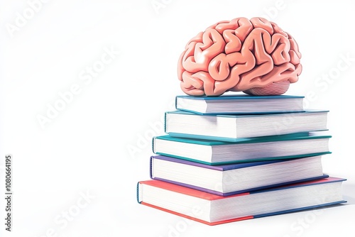A stack of colorful books with a brain model on top, symbolizing knowledge, learning, and education.