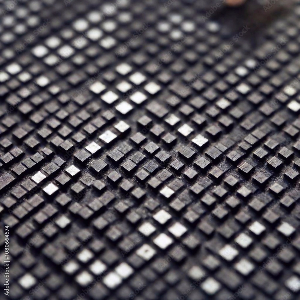 Extreme Macro Flatlay of Black Pixel Art Detail: An extreme macro shot of a detailed section of black pixel art, using deep focus to emphasize the fine details and variations in the pixel patterns. Extreme Macro Flatlay of Black Pixel Art Detail: An extreme macro shot of a detailed section of black pixel art, using deep focus to emphasize the fine details and variations in the pixel patterns.