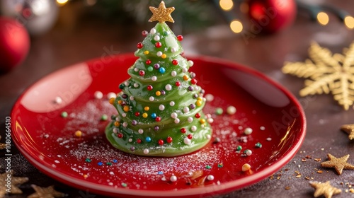 Christmas tree cake decorated with sprinkles and icing on red plate