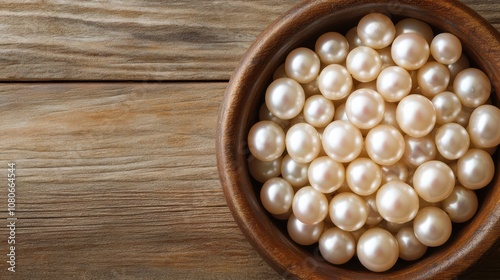 Overhead View of Pearls in a Rustic Wooden Bowl