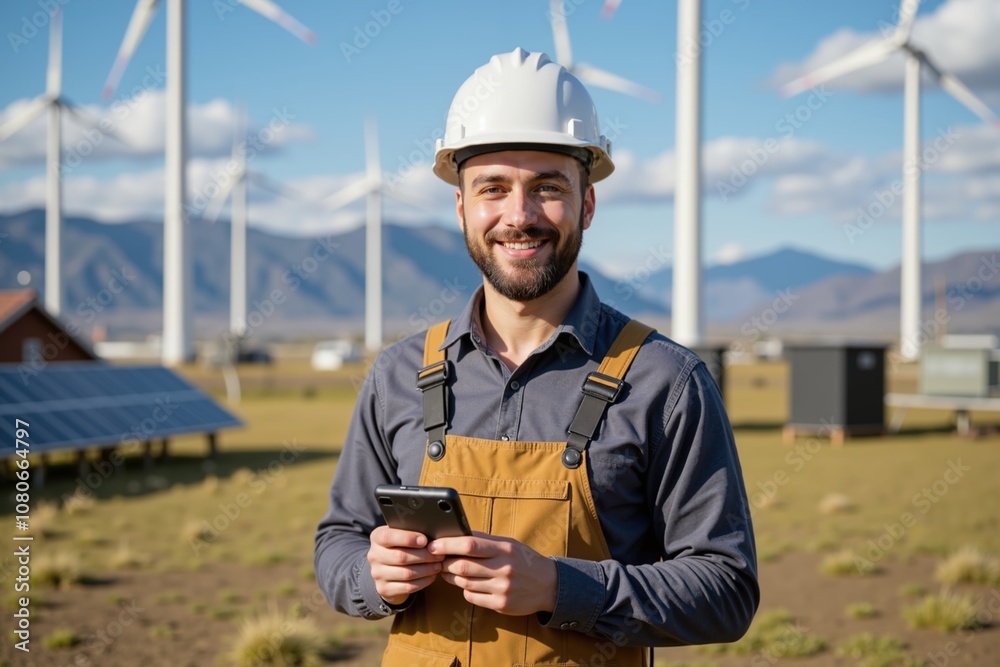 Engineer in safety gear smiling with smartphone in front of wind turbines on a sunny day. Engineer in safety gear smiling with smartphone in front of wind turbines on a sunny day.