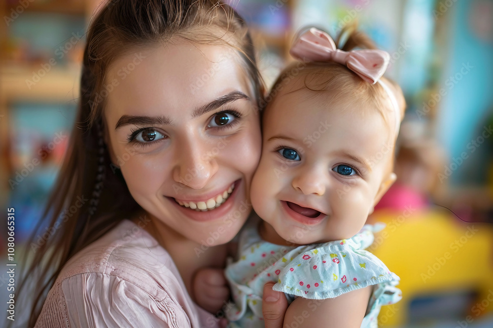 Generative AI Portrait of Smiling Mother Hugging Baby in Nursery Room Generative AI Portrait of Smiling Mother Hugging Baby in Nursery Room