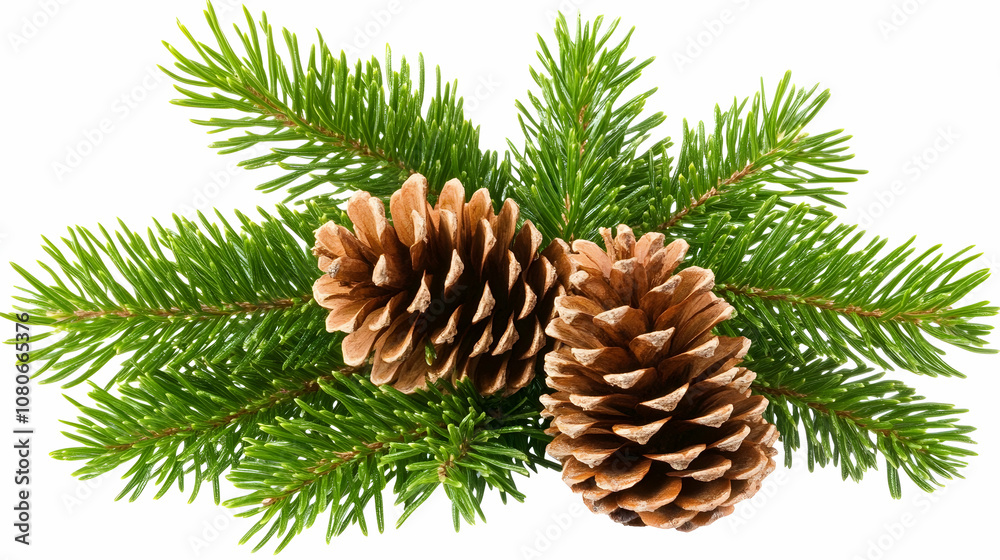Two pine cones and pine branches on a white background. Two pine cones and pine branches on a white background.