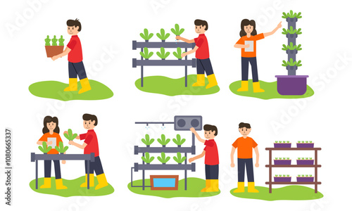 Growing plants in Laboratory aquaculture cultivation. Hydroponics, aeroponics, aquaponics. Smart farm concept. Set of flat cartoon vector illustrations with fictional characters