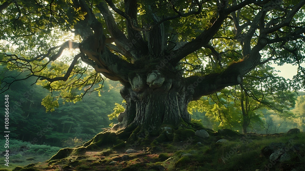 Fototapeta premium A majestic, ancient tree with sprawling branches and lush green leaves in a serene forest setting.