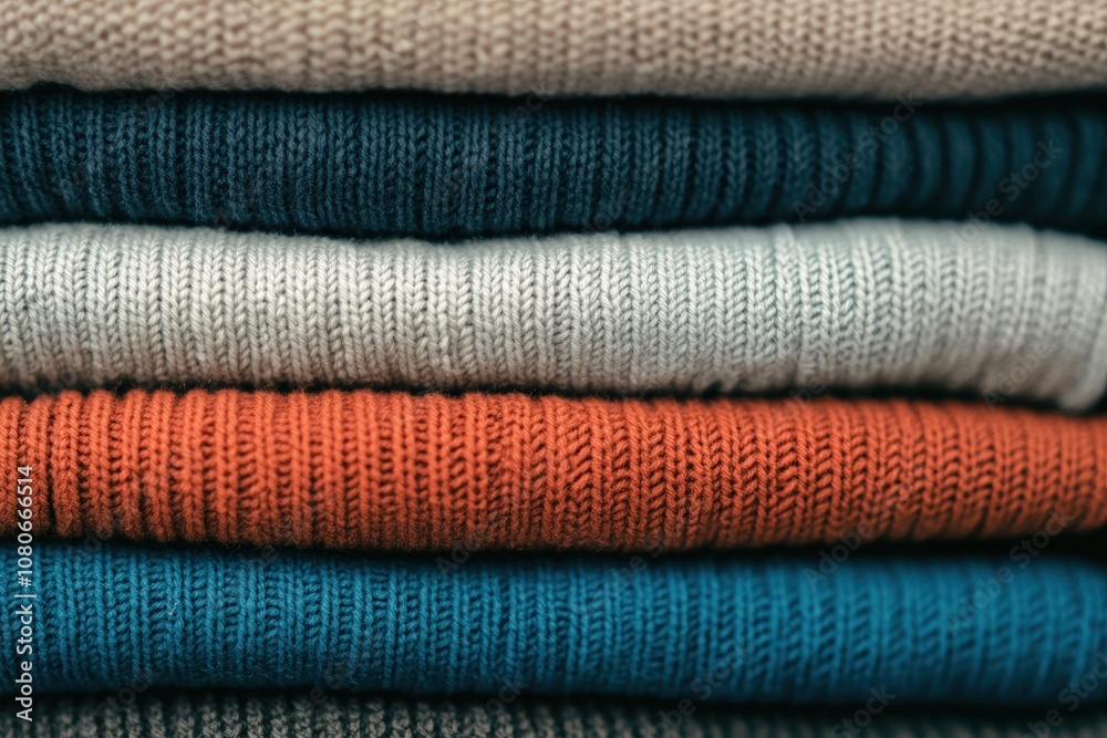 Stack of folded knitted sweaters in warm autumn colors Stack of folded knitted sweaters in warm autumn colors