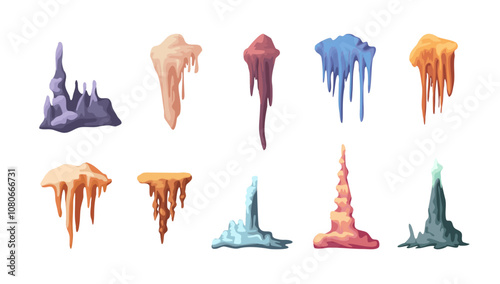 Cartoon Color Different Stalactite and Stalagmite Set Growing Mineral Formation Concept Flat Design Style. Vector illustration of Stalactites and Stalagmites