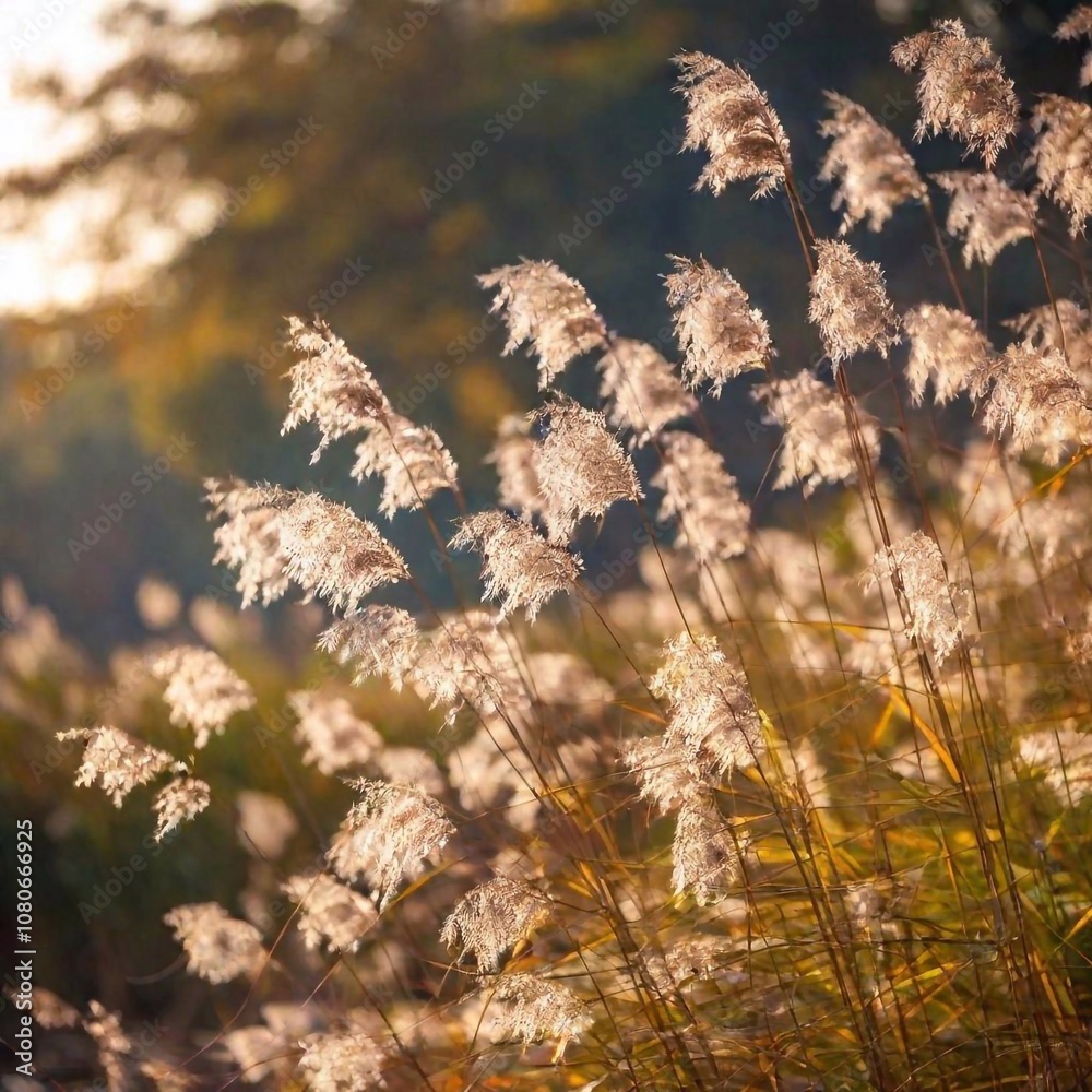 A full shot of a peaceful riverside with tall, golden reeds swaying in the breeze, captured at hip level. The river gently flows through the scene, reflecting the vibrant autumn foliage and the soft, A full shot of a peaceful riverside with tall, golden reeds swaying in the breeze, captured at hip level. The river gently flows through the scene, reflecting the vibrant autumn foliage and the soft,