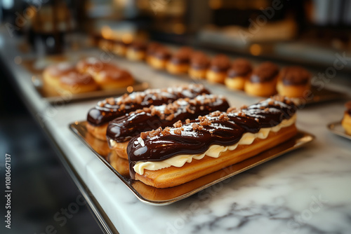 A tray of mini éclairs, glossy chocolate ganache, crisp choux pastry, vanilla cream filling, arranged on a marble counter, cool daylight, in a modern patisserie
