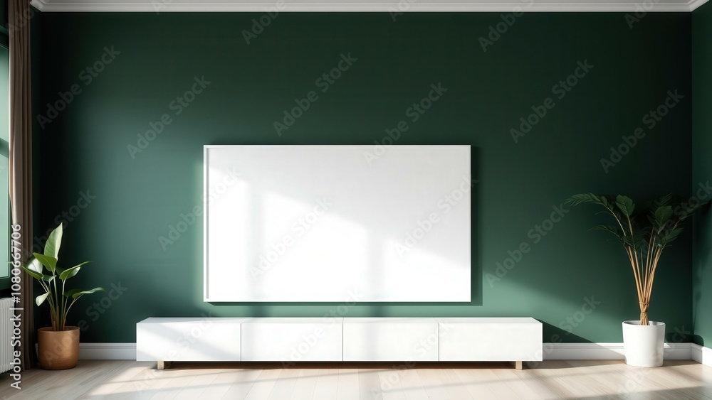 Modern Living Room Setup with Green Wall, White TV Stand, and Potted Plants for a Calm and Relaxing Atmosphere Modern Living Room Setup with Green Wall, White TV Stand, and Potted Plants for a Calm and Relaxing Atmosphere