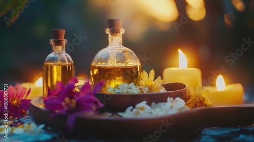 Soothing Aromatherapy Setting with Essential Oils and Flowers