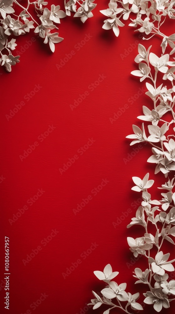 White flowers creating a border on red background with copy space White flowers creating a border on red background with copy space