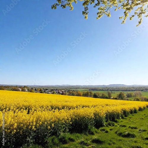 an extreme wide shot of a picturesque springtime countryside, featuring a wide expanse of fields filled with blooming spring flowers. Include a rustic farmhouse and a backdrop of rolling hills or dist photo