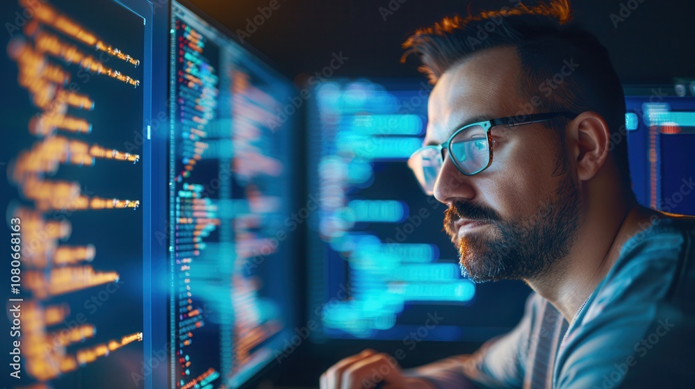 developer intently analyzing code displayed on multiple monitors, emphasizing programming, data analysis, and tech development in a modern workspace. developer intently analyzing code displayed on multiple monitors, emphasizing programming, data analysis, and tech development in a modern workspace.