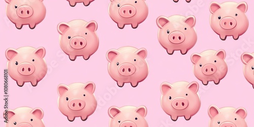 Seamless pattern of adorable pink piggy banks on a pastel pink background, perfect for financial themes and savings concepts.