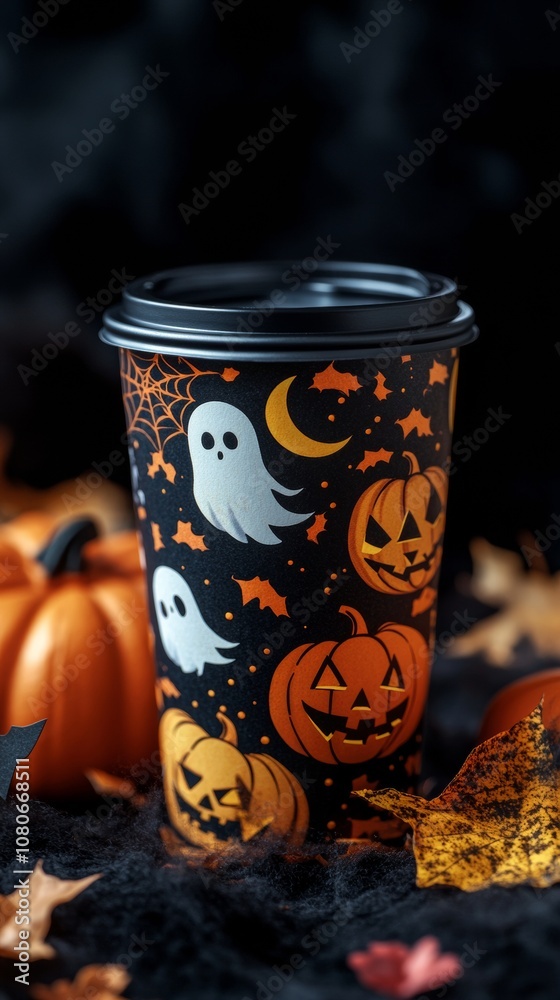 Halloween themed paper coffee cup with ghosts and pumpkins decoration Halloween themed paper coffee cup with ghosts and pumpkins decoration