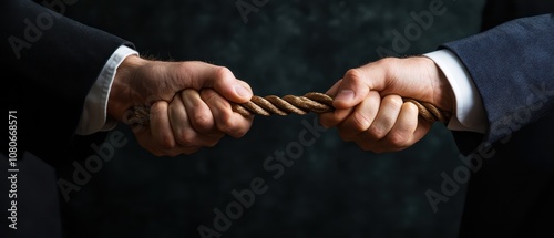 Two business professionals engage in a tug-of-war with a rope, symbolizing conflict and competition in the workplace.