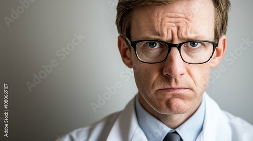 Serious and Concerned Male Doctor in Lab Coat Expressing Disappointment with Intense Expression and Frustration in a Clinical Setting