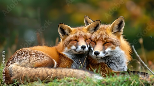 Two foxes cuddling together in a serene, natural setting, showcasing their bond and the beauty of wildlife.