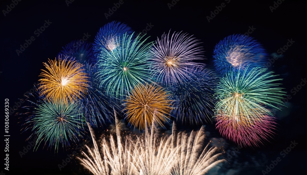 Fototapeta premium Colorful firework illumination on dark blue sky background for Happy New Year 2025