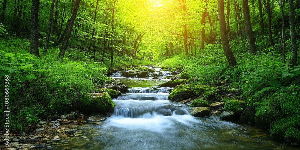 Obraz premium A scenic stream flows through a lush green forest with sunlight filtering through the trees.
