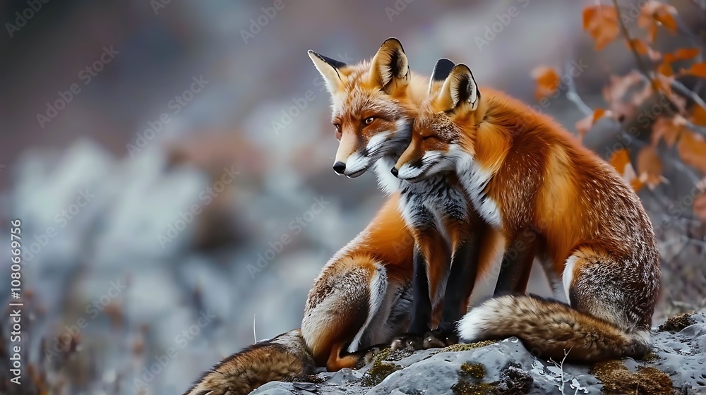Two foxes cuddling together on a rocky surface, showcasing their vibrant fur and intimate bond. Two foxes cuddling together on a rocky surface, showcasing their vibrant fur and intimate bond.