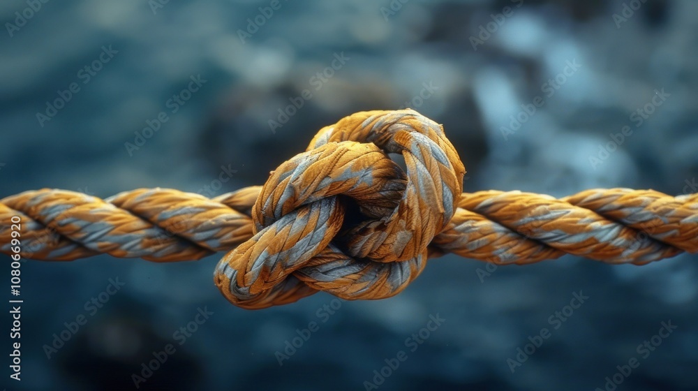 A close-up of a knotted rope with a blurred background of water. A close-up of a knotted rope with a blurred background of water.