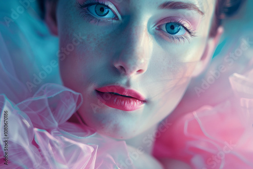 Generative AI Closeup of Young Ballerina in Pink Tulle with Captivating Blue Eyes