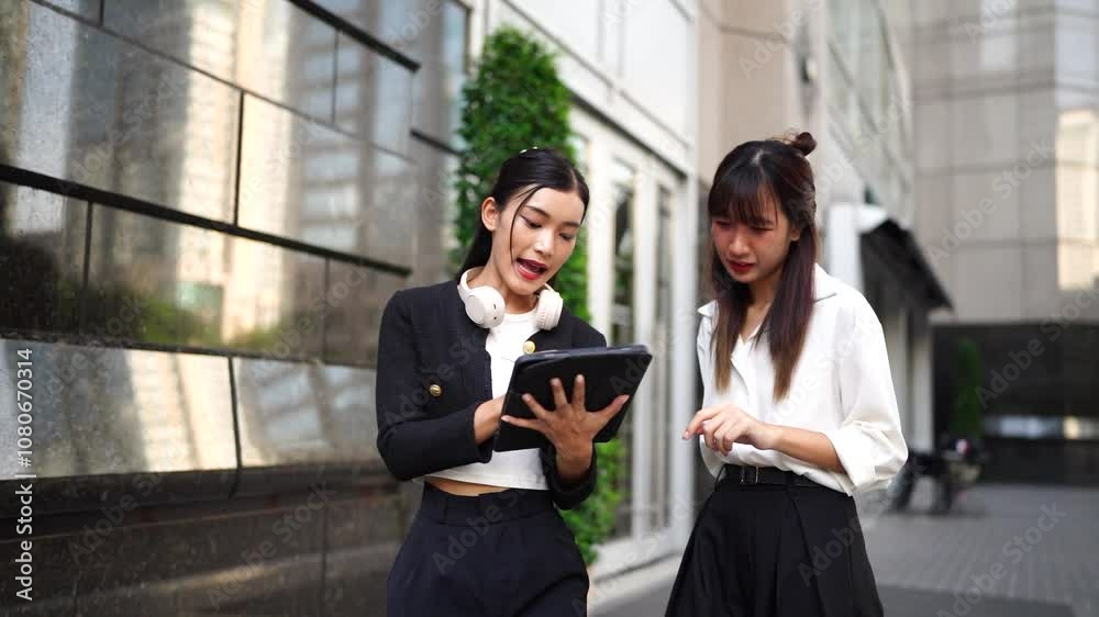 Two young Asian businesswomen outside their company with a skyscraper in the background. Two young Asian businesswomen outside their company with a skyscraper in the background.