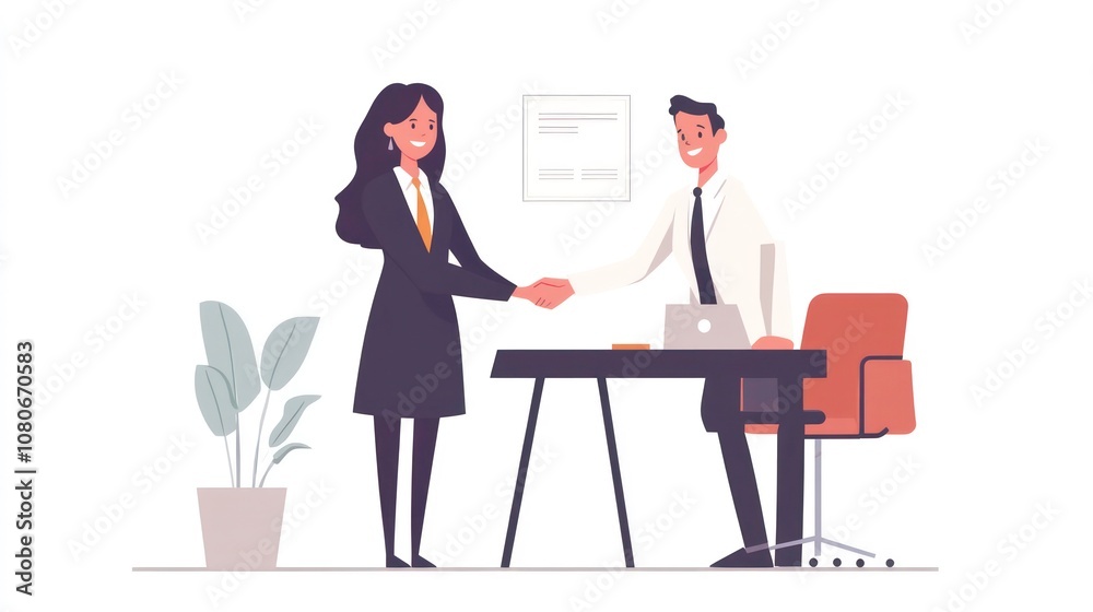 A businessman and businesswoman shaking hands in an office setting. A businessman and businesswoman shaking hands in an office setting.