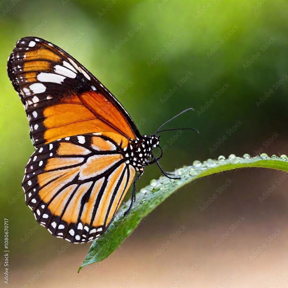 Fototapeta premium A close-up photo of a butterfly with dew drops on its wings in the early morning light, deep focus emphasizing the tiny water droplets and the texture of its wing scales, eye-level shot creating an in