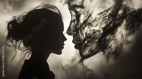 Silhouette of a Woman Facing a Smoke-like Figure