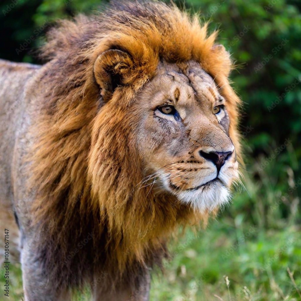 Fototapeta premium A macro photo of a lion prowling through the dense underbrush, deep focus on its intense gaze and the fine details of its powerful limbs, high-angle shot highlighting the strength and agility of its f