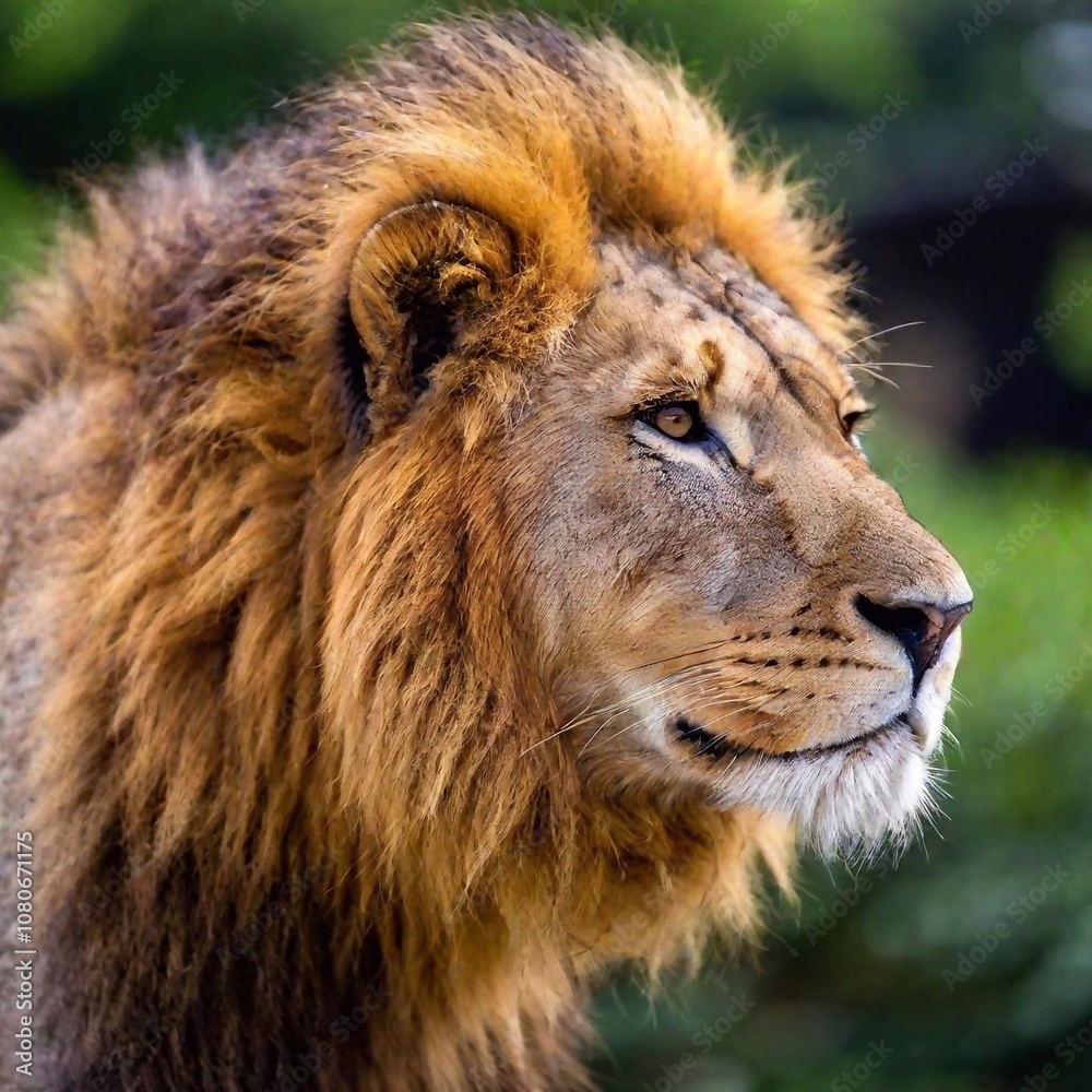 A close-up photo portrait of a lion in profile, deep focus on the curve of its nose and the texture of its whiskers, eye-level shot highlighting its elegant and fierce nature A close-up photo portrait of a lion in profile, deep focus on the curve of its nose and the texture of its whiskers, eye-level shot highlighting its elegant and fierce nature