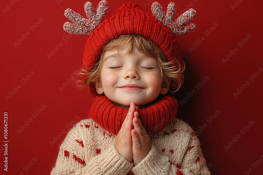 Generative AI image of a child with blue eyes waiting for Christmas gifts, surrounded by festive lights and holiday anticipation