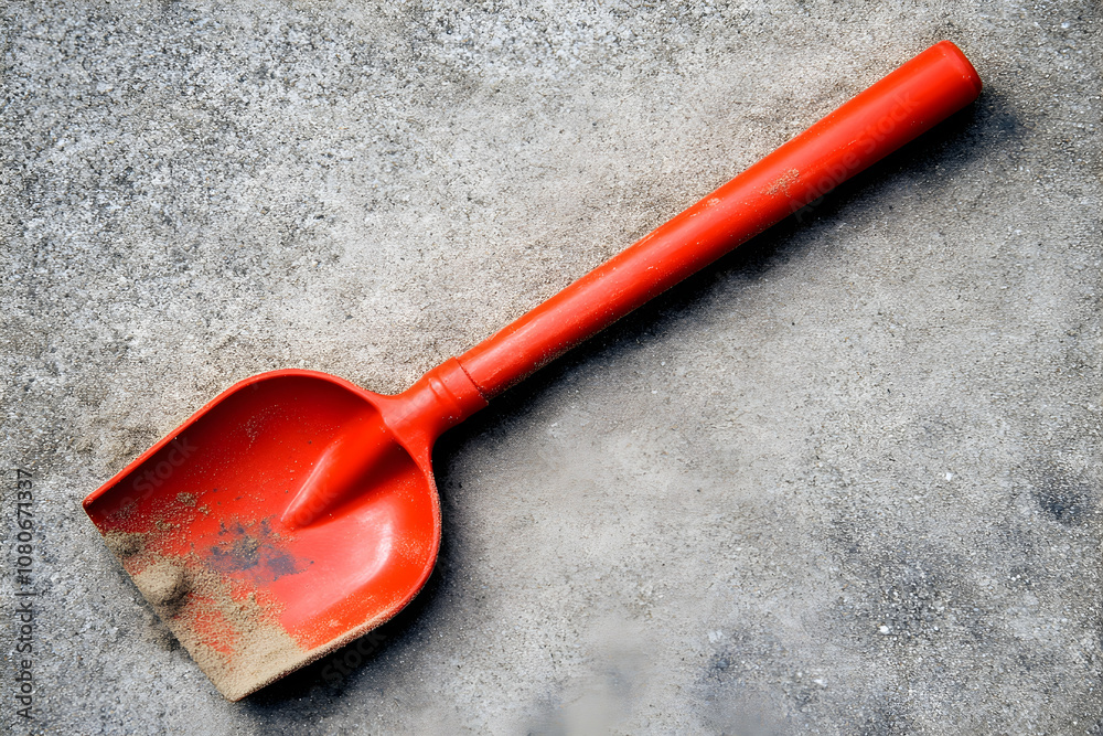 Red plastic shovel with sand on a rough surface. Red plastic shovel with sand on a rough surface.