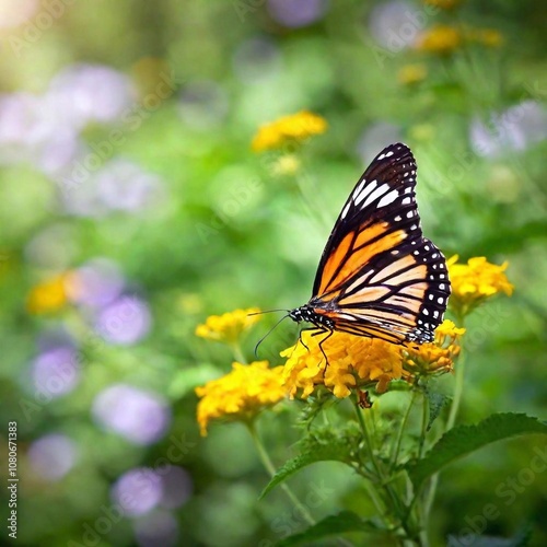 A macro photo of a butterfly perched on a wildflower, soft focus softly blending the flower into the background, low angle shot looking up toward the butterfly, highlighting its elegance and delicate 