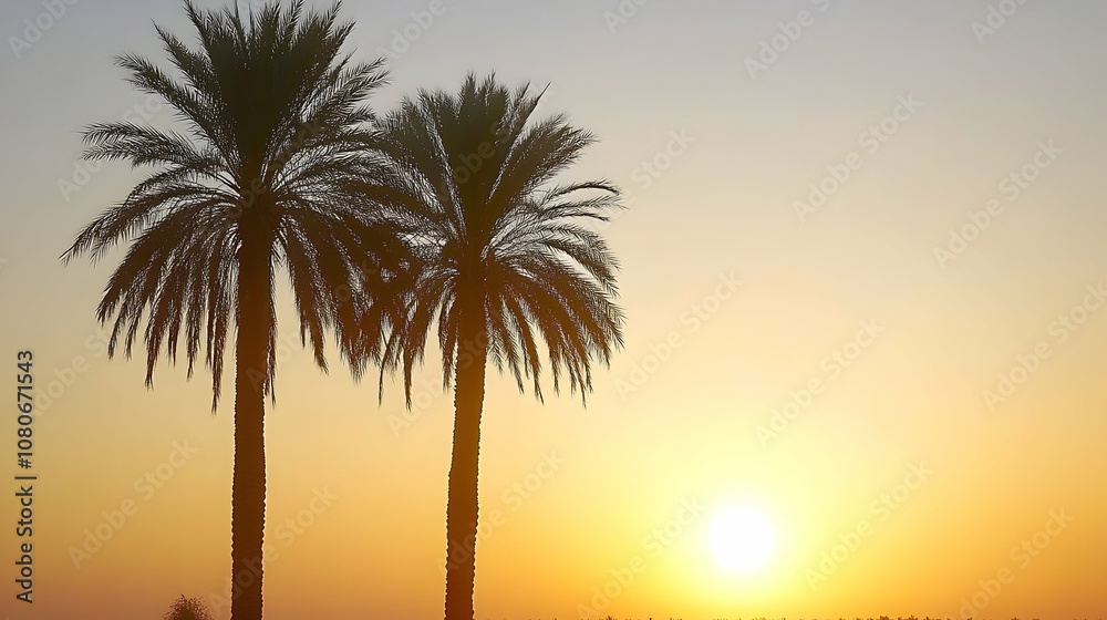 Obraz premium Palm trees silhouetted against a vibrant orange sunset.